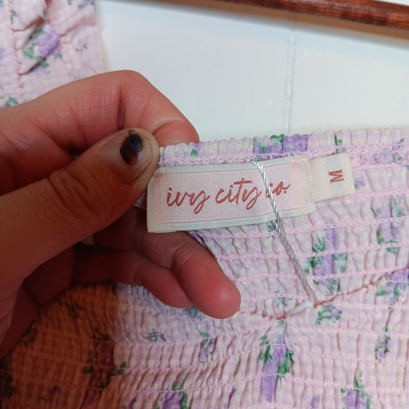 Ivy City Co Teagan Dress M Purple Gingham Floral Smocked Bodice Cottagecore NWT - Picture 6 of 11